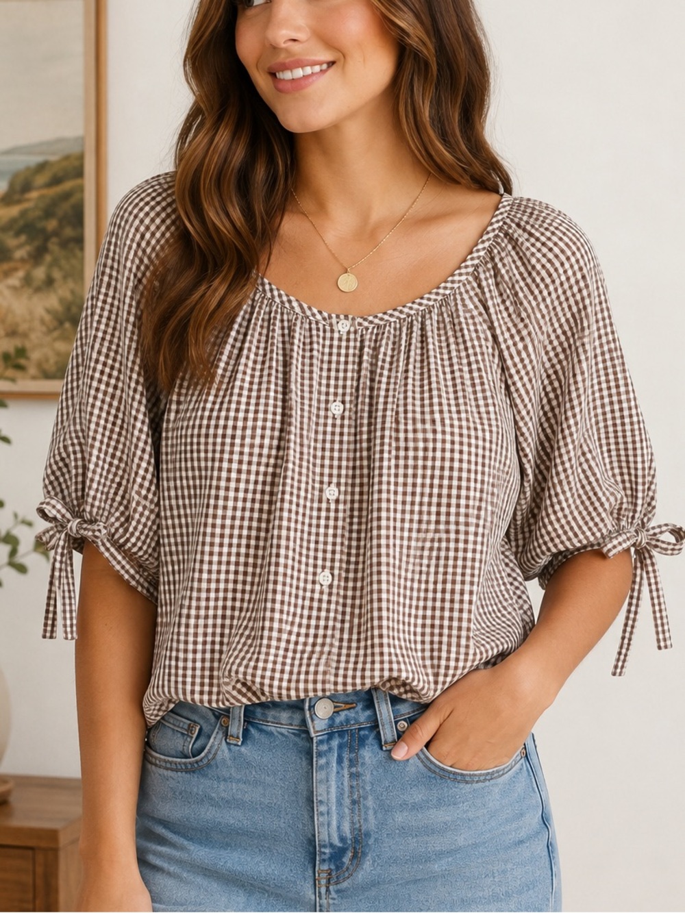 Max Studio London Gingham Peasant Blouse M Brown Prairie Tie Sleeve Coastal J51